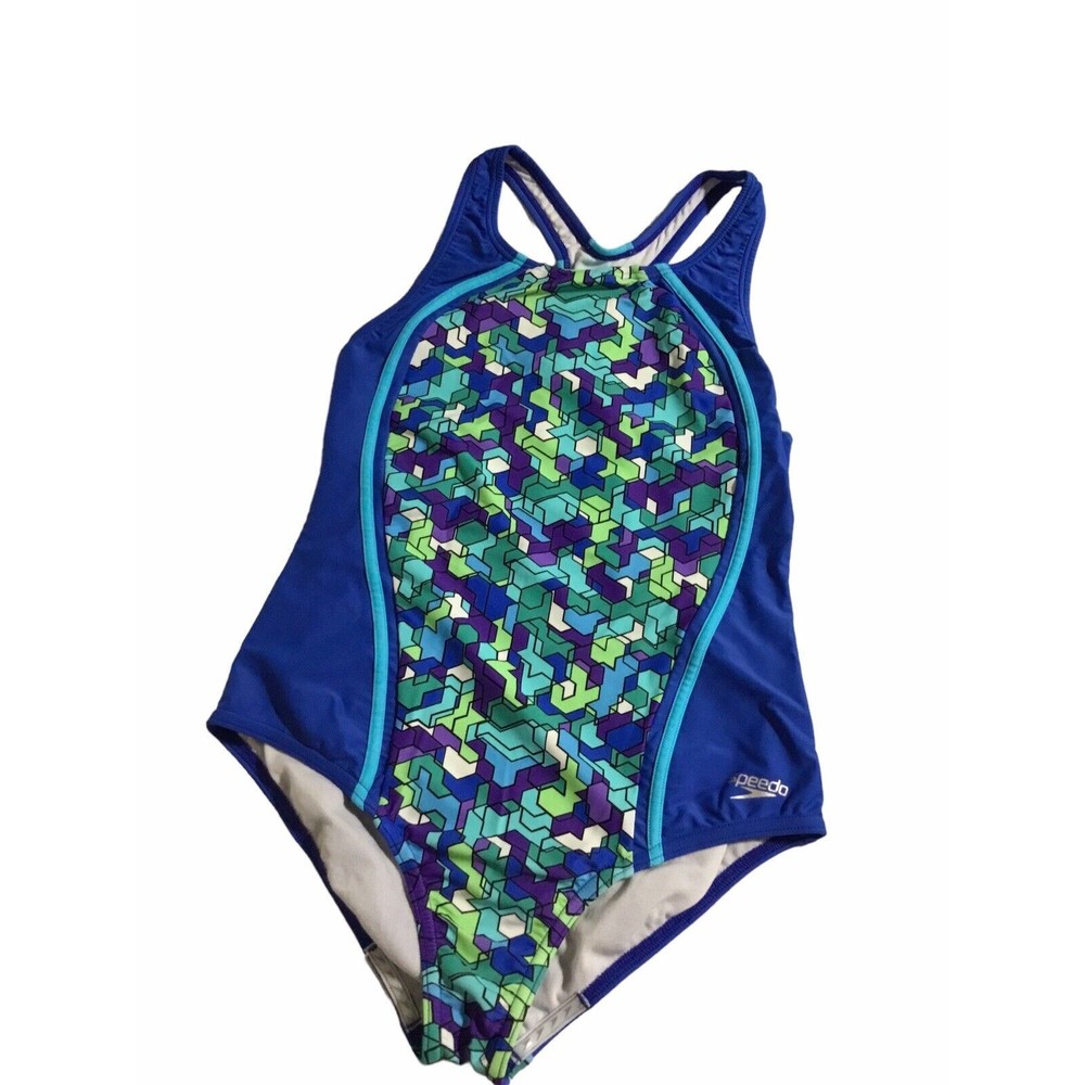 Girls SPEEDO 1 PC Swimsuit Size 16 Geometric COLORFUL BRIGHT EUC